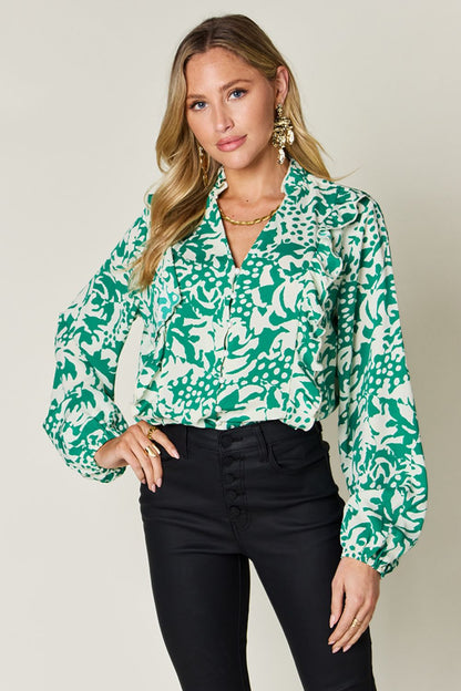 Double Take Full Size Printed Ruffle Trim Balloon Sleeve Shirt - Mid Green -