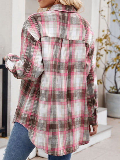 Mandy Plaid Collared Neck Long Sleeve Shirt - -
