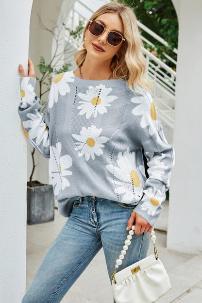 Angel Wings Daisy Print Openwork Round Neck Sweater - -