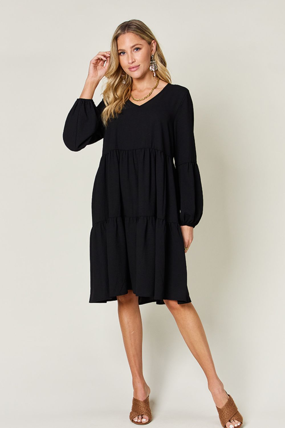 Double Take Full Size V-Neck Balloon Sleeve Tiered Dress with Pockets - -