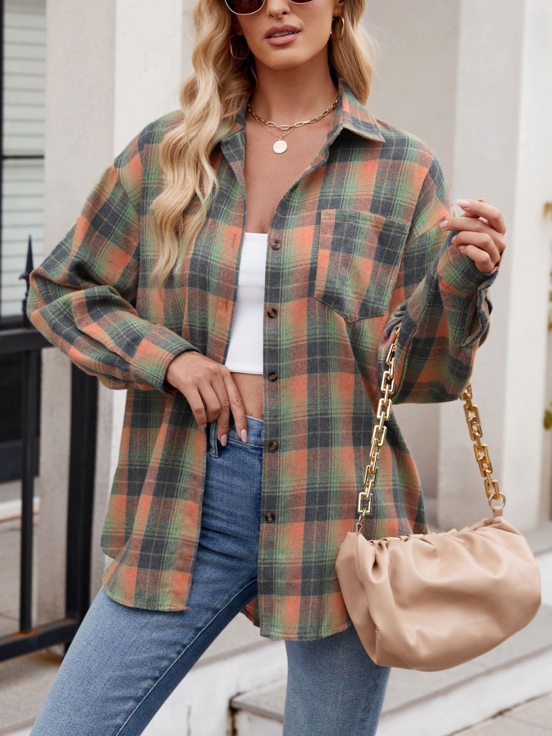 Mandy Plaid Collared Neck Long Sleeve Shirt - -