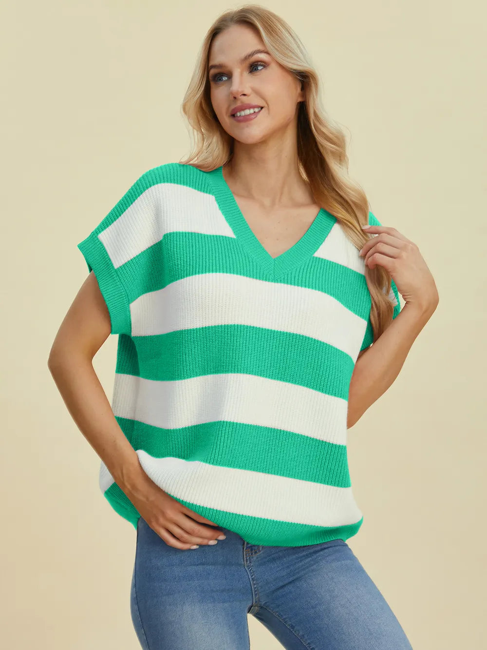 Double Take Full Size Striped V-Neck Short Sleeve Sweater - -