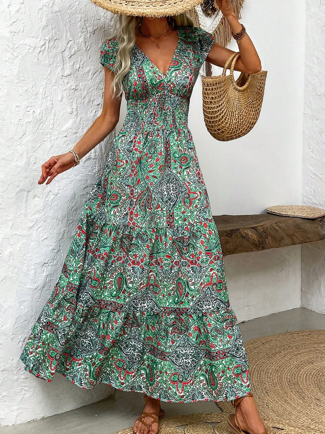 Honey Smocked Printed Cap Sleeve Midi Dress