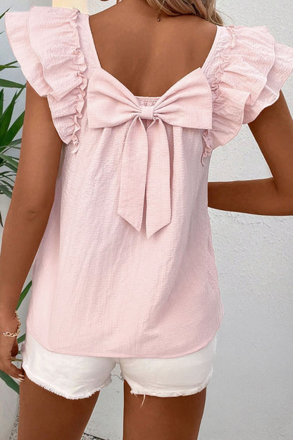 Textured Bow Knot Frilled Butterfly Sleeve Blouse - Blush Pink -