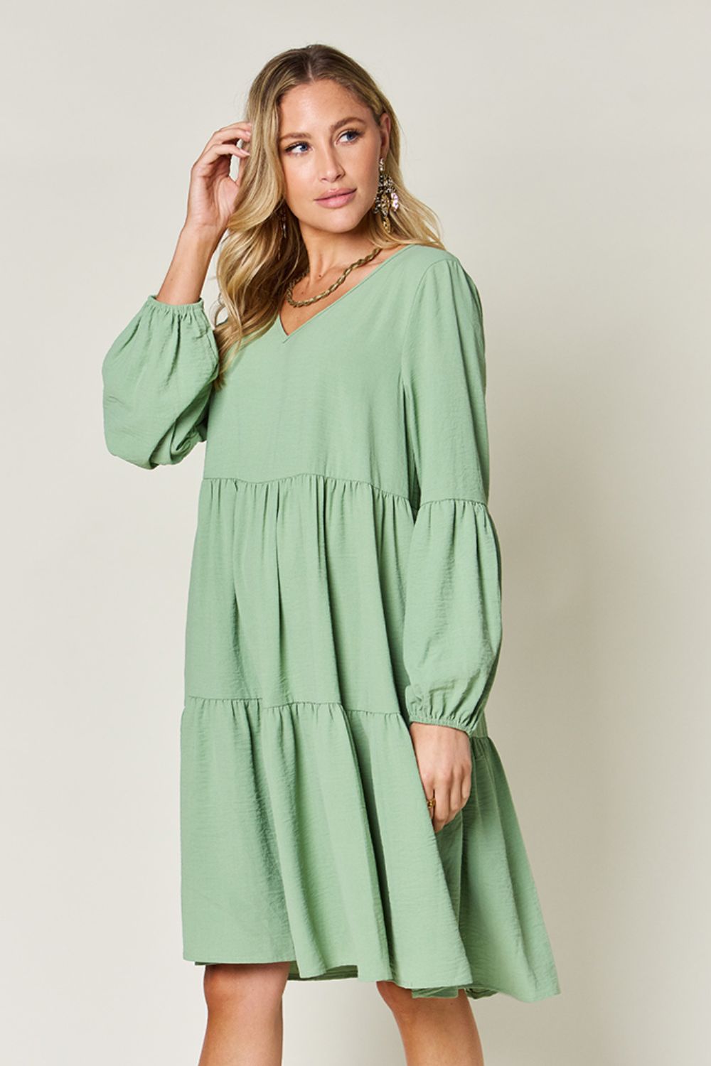 Double Take Full Size V-Neck Balloon Sleeve Tiered Dress with Pockets - -