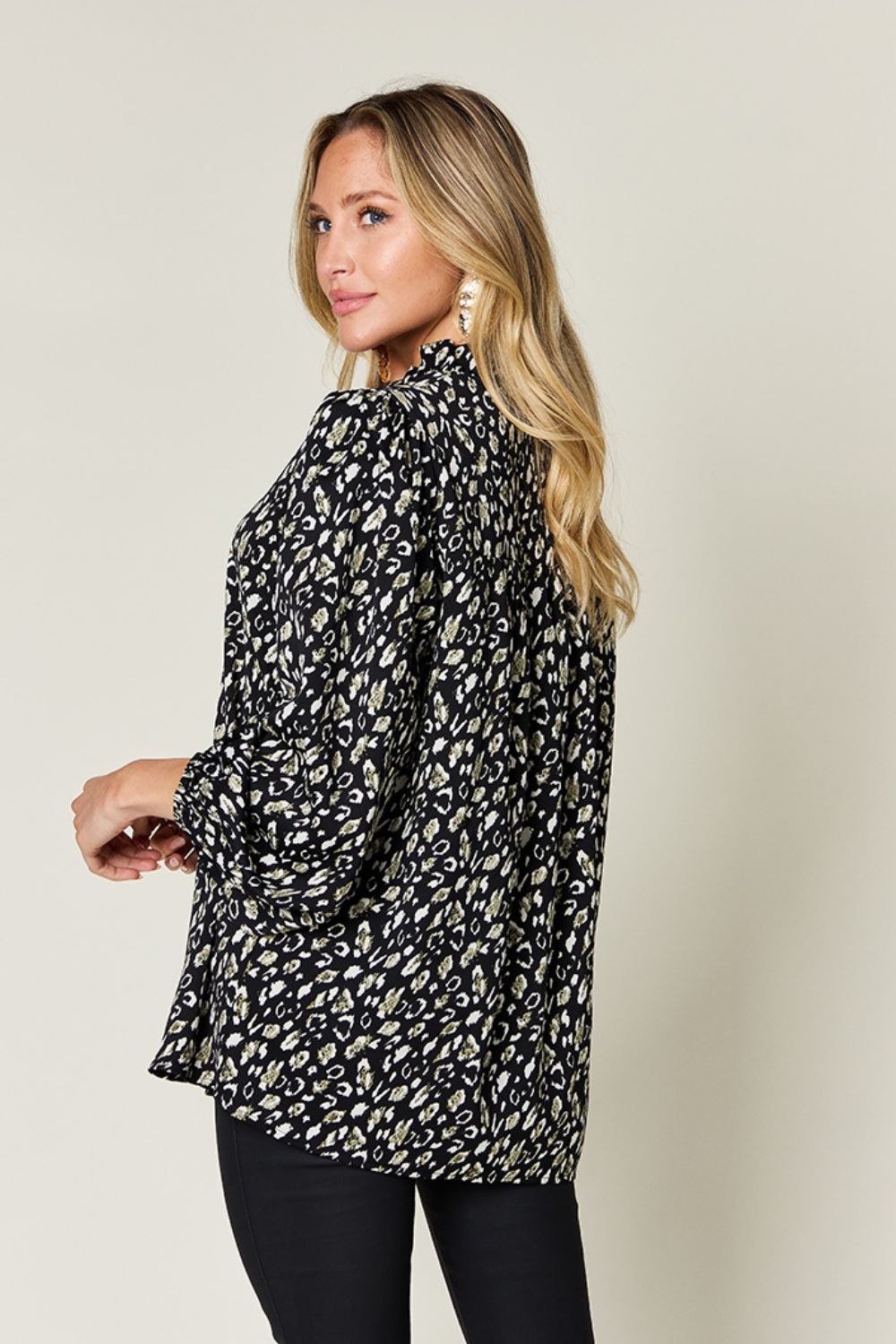 Double Take Full Size Leopard Long Sleeve Blouse - -