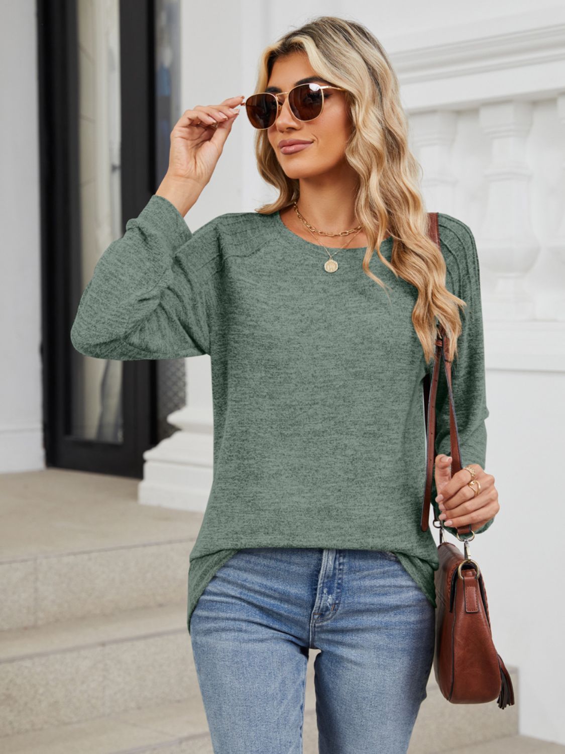 Round Neck Long Sleeve T-Shirt - -