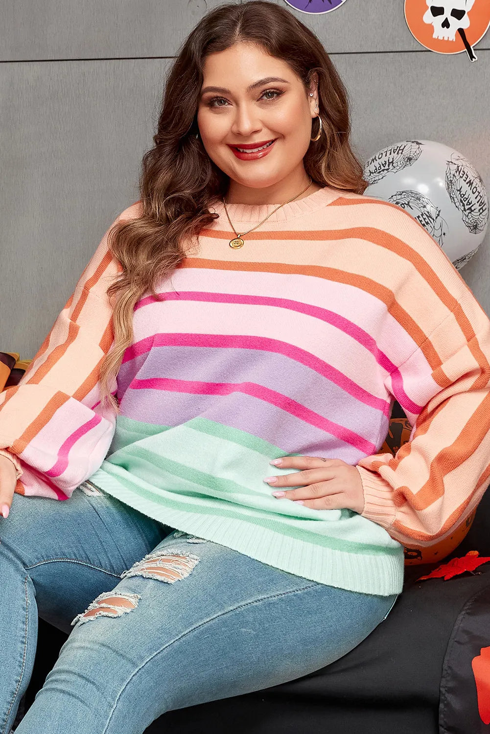 Plus Size Striped Round Neck Long Sleeve Sweater - -