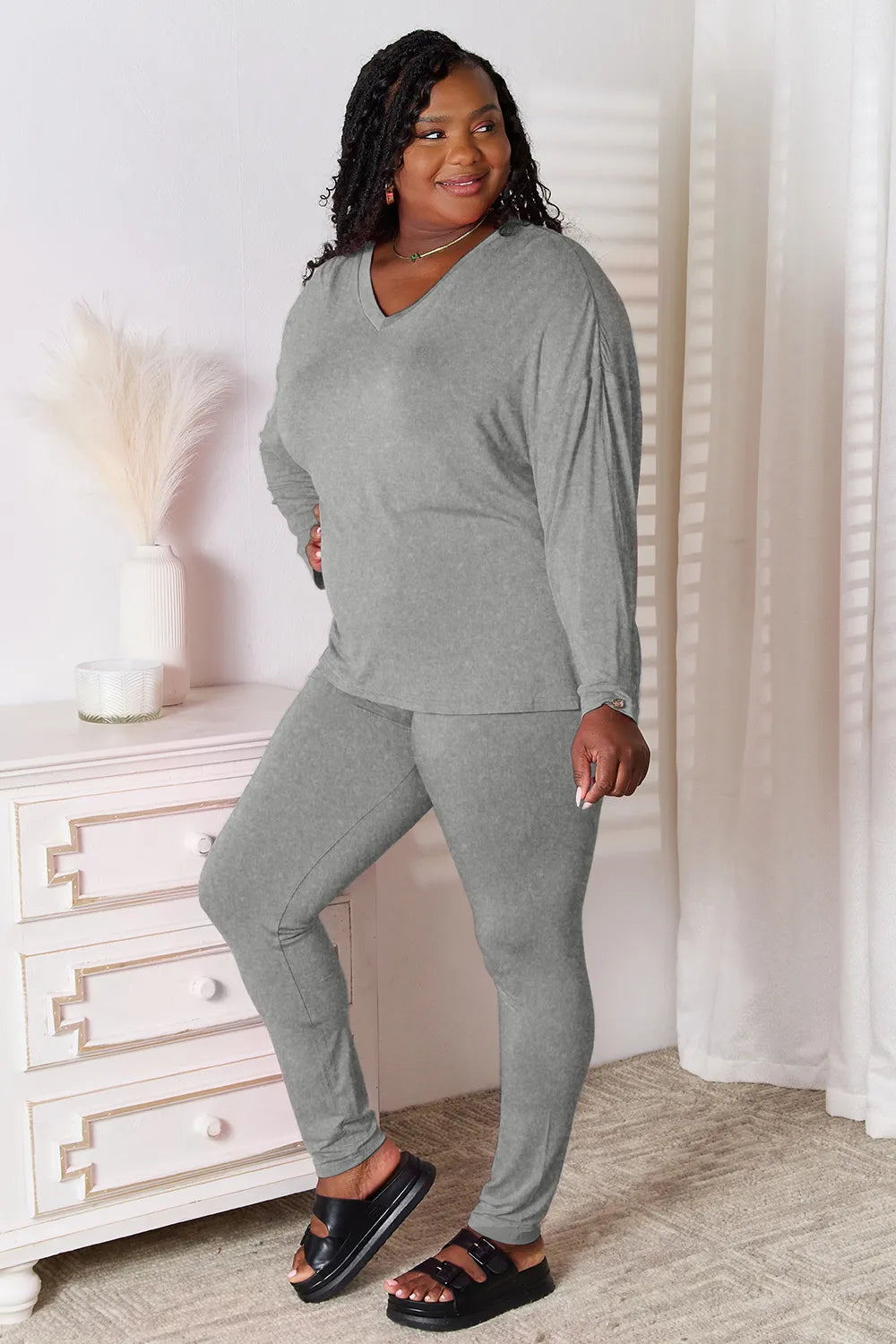 Basic Bae Bamboo Full Size V-Neck Long Sleeve Top and Pants Lounge Set - -