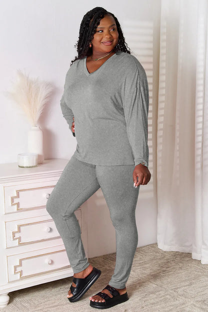 Basic Bae Bamboo Full Size V-Neck Long Sleeve Top and Pants Lounge Set - -