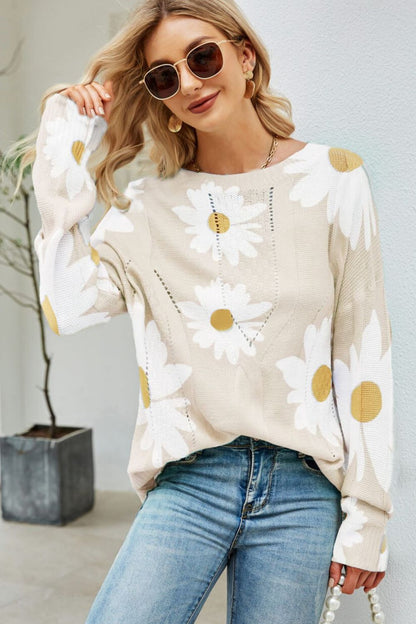 Angel Wings Daisy Print Openwork Round Neck Sweater - -
