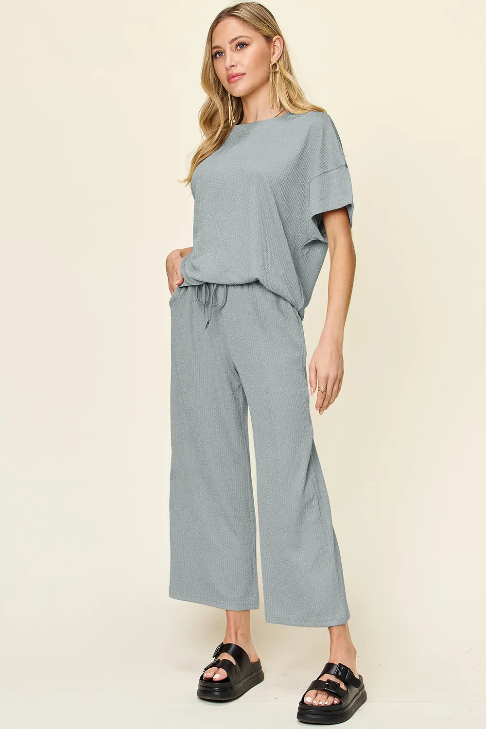 Double Take Full Size Texture Round Neck Short Sleeve T-Shirt and Wide Leg Pants - Cloudy Blue -