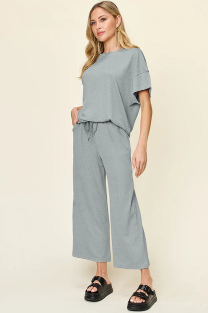 Double Take Full Size Texture Round Neck Short Sleeve T-Shirt and Wide Leg Pants - Cloudy Blue -
