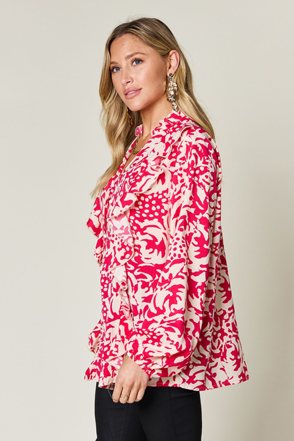 Double Take Full Size Printed Ruffle Trim Balloon Sleeve Shirt