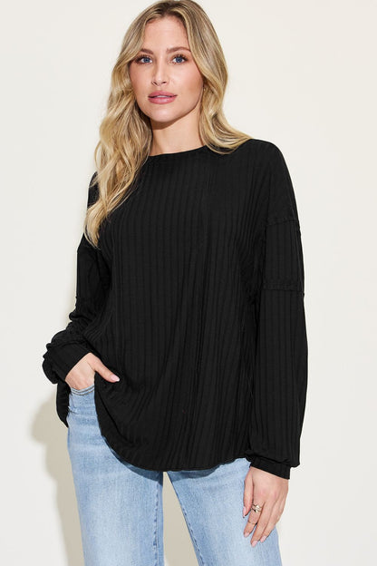 Basic Bae Full Size Ribbed Round Neck Long Sleeve T-Shirt - Black -