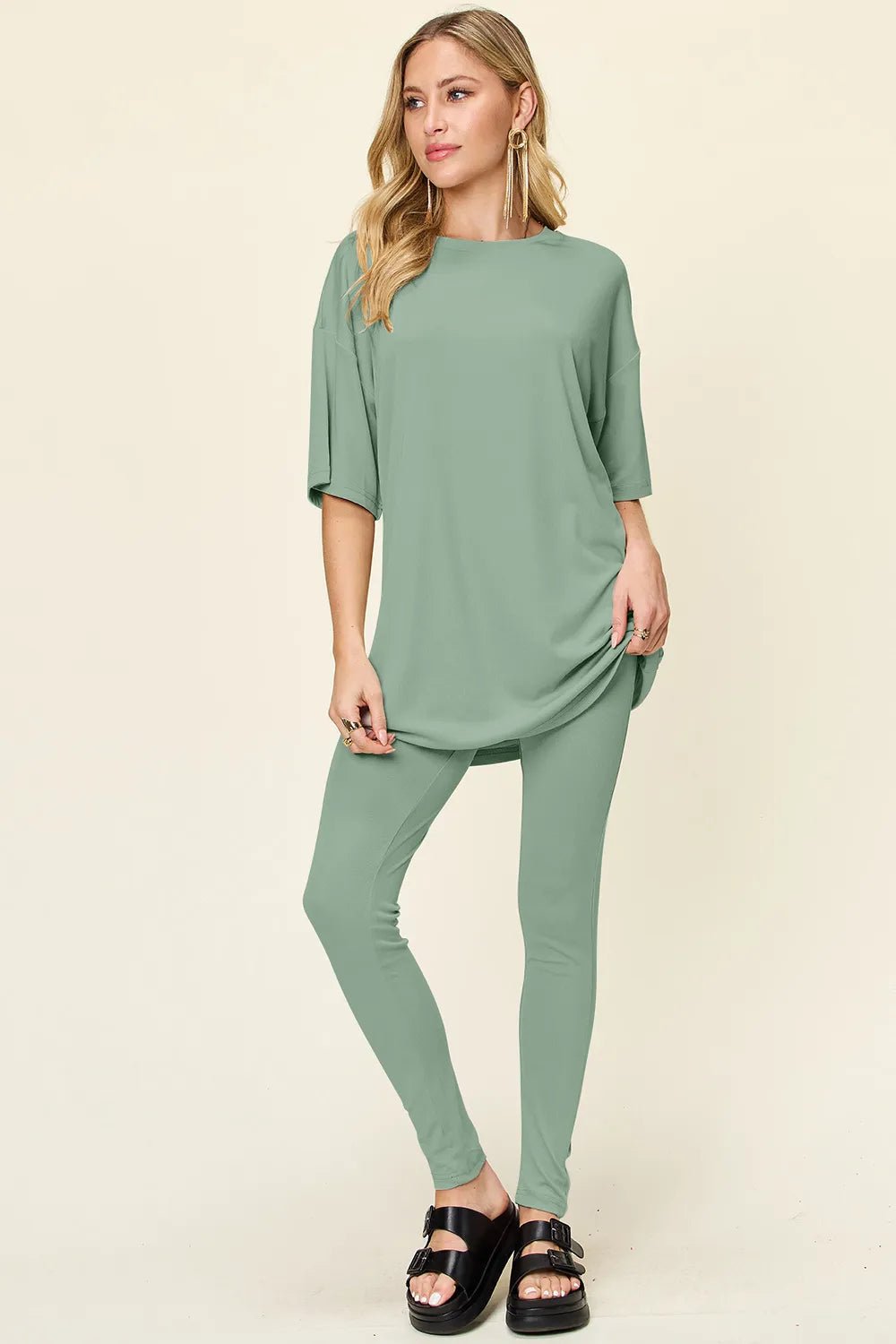 Double Take Full Size Round Neck Dropped Shoulder T-Shirt and Leggings Set - Light Green -