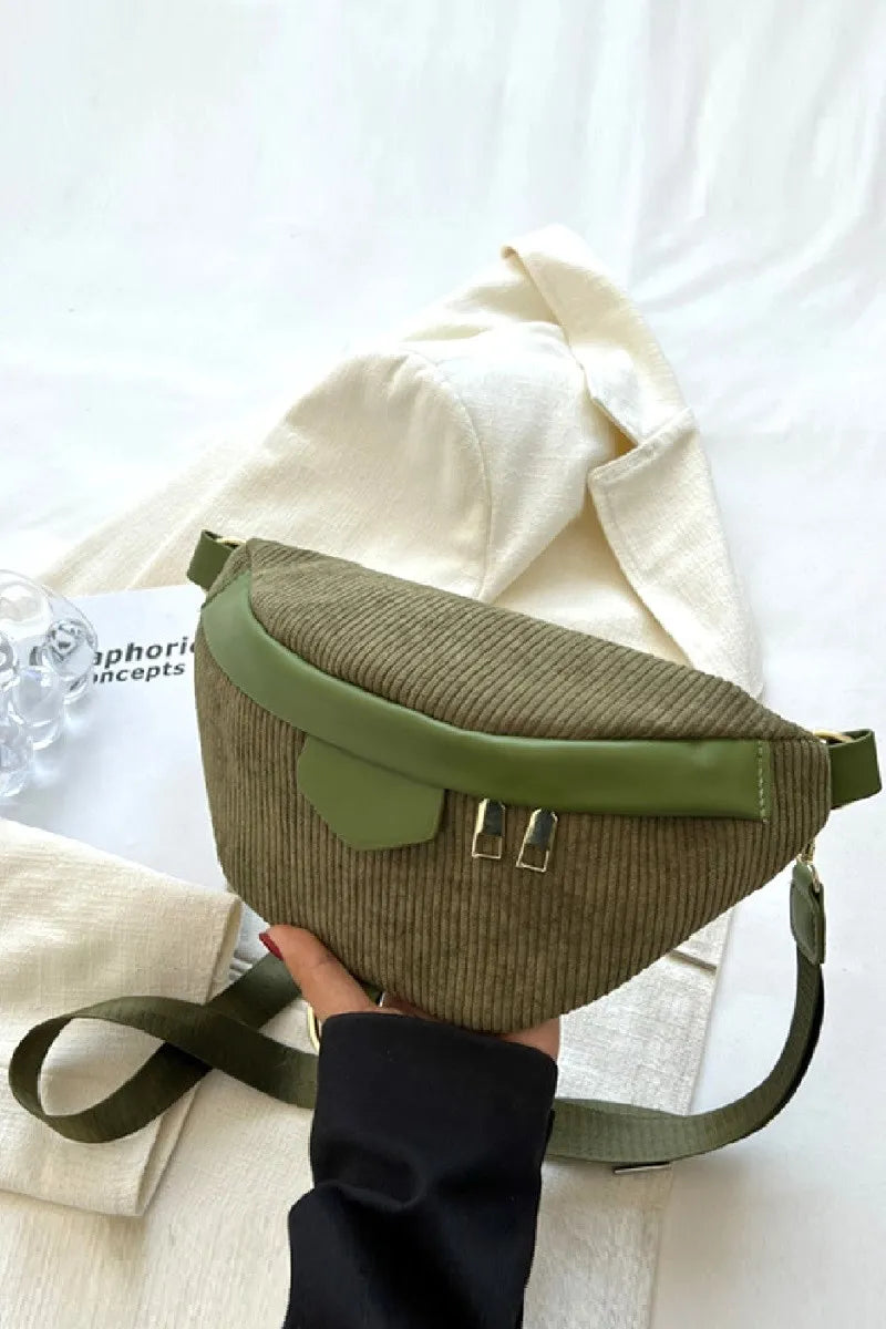 Green Corduroy Waist Bag, olive color, crossbody style with ribbed fabric and dual zipper detail.