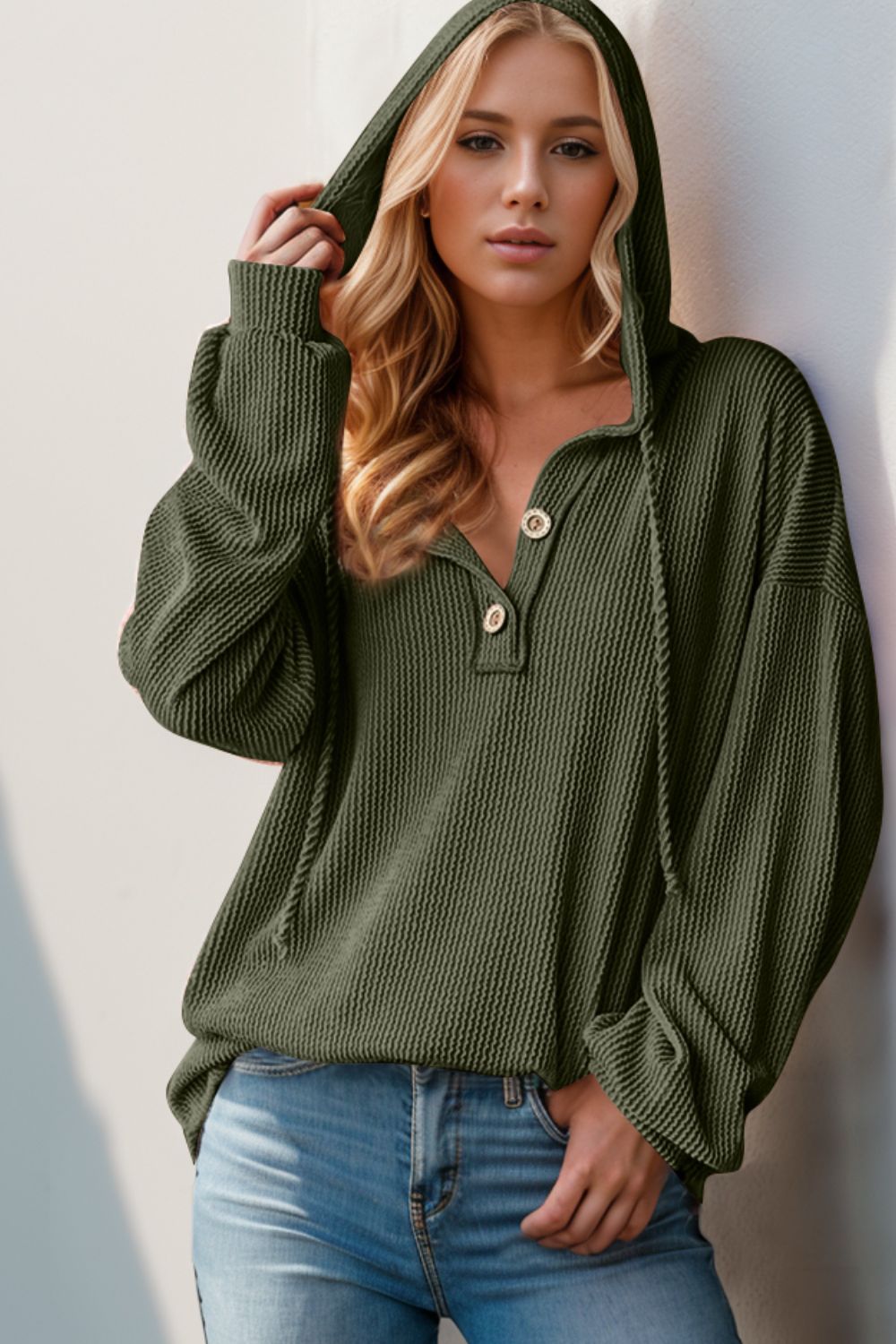 Double Take Full Size Half Button Long Sleeve Hoodie - Moss -