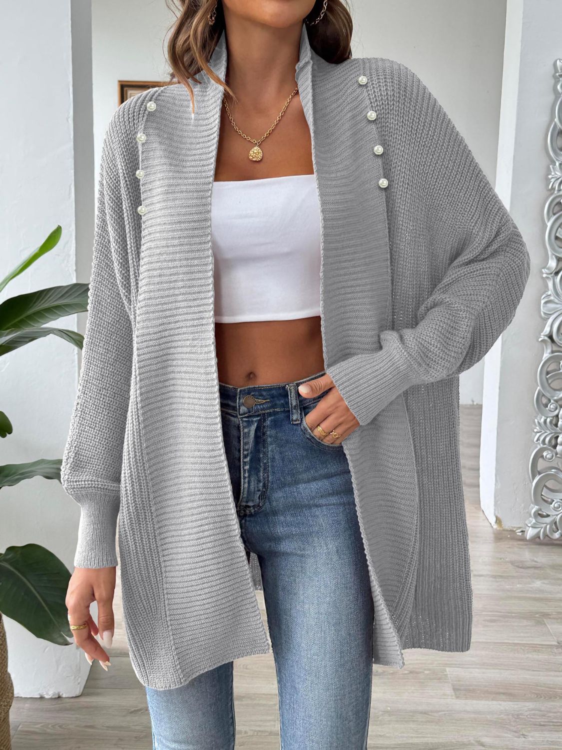 Open Front Long Sleeve Cardigan - -