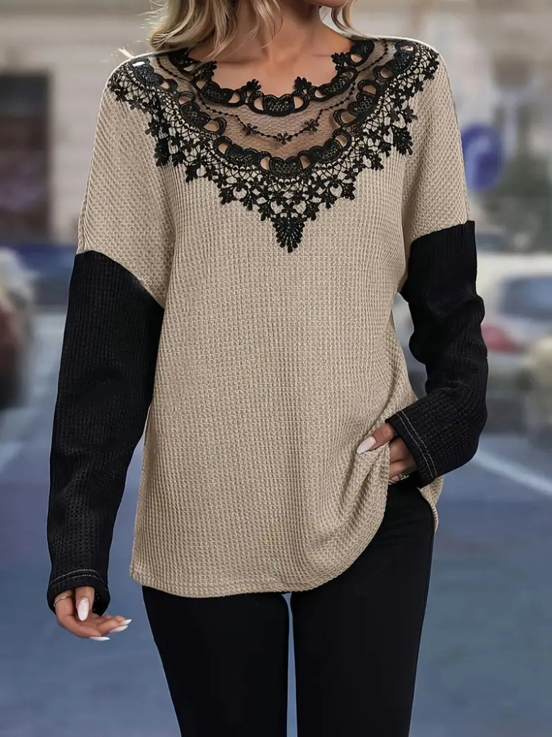 Contrast Lace Round Neck Long Sleeve T-Shirt - -