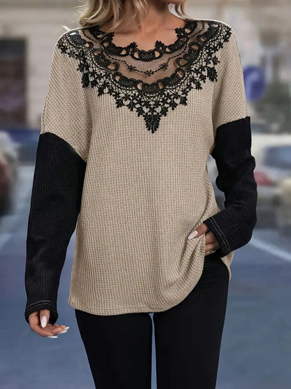 Contrast Lace Round Neck Long Sleeve T-Shirt - -