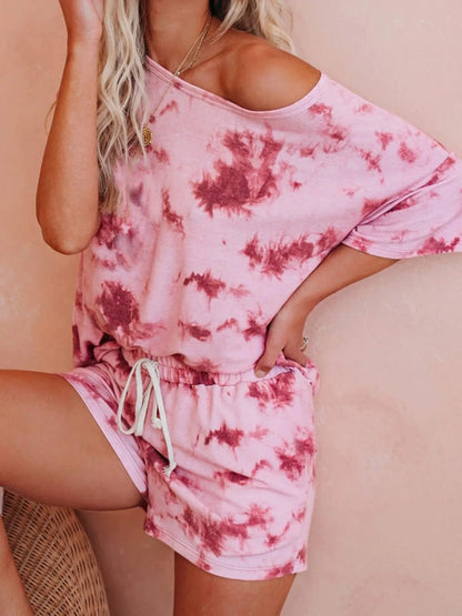 Tie-Dye Boat Neck Top and Shorts Set - -