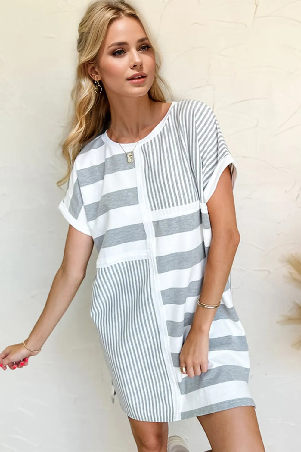 Oh Full Size Striped Round Neck Short Sleeve Mini Tee Dress – | Shannon’s Chique Boutique