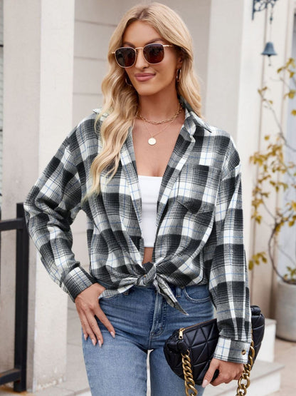 Mandy Plaid Collared Neck Long Sleeve Shirt - -