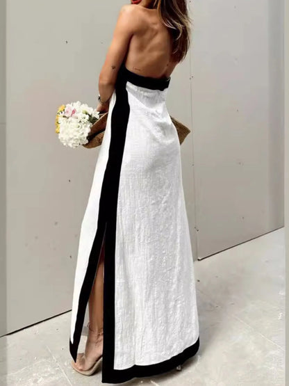 Contrast Halter Sleeveless Maxi Dress – Trendy Summer Slit Dress | SCB Level Stylish - -