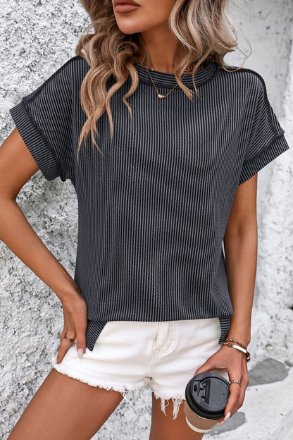 Mandy Striped Round Neck Short Sleeve T-Shirt - Dark Gray -