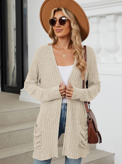 Pocketed Open Front Long Sleeve Cardigan - -