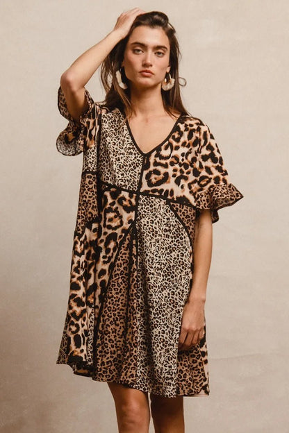 BiBi Leopard Prints Mix and Match Short Sleeves Dress - -