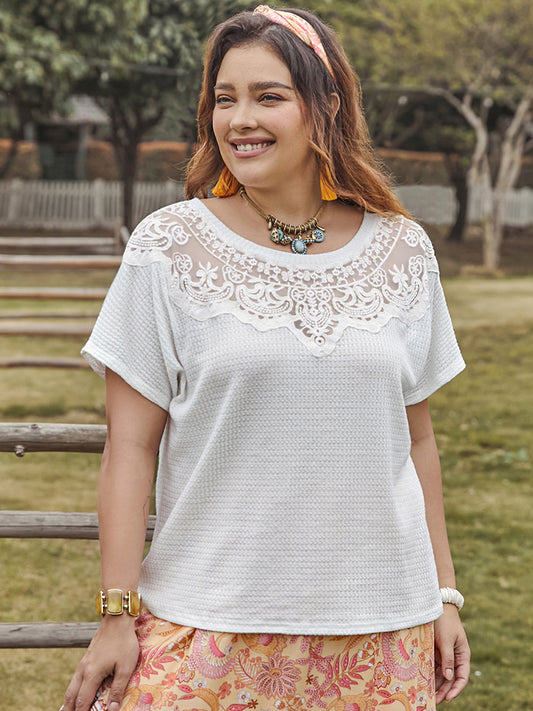 Plus Size Lace Detail Round Neck Short Sleeve Top - White -