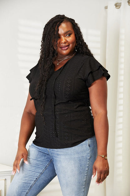 Mandy Eyelet Tie-Neck Flutter Sleeve Blouse - -