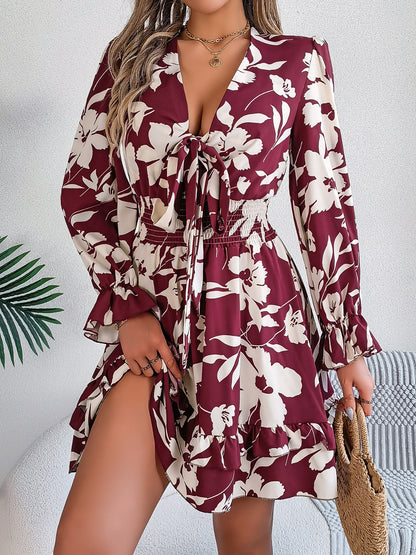 Tied Ruffled Printed Long Sleeve Dress - -