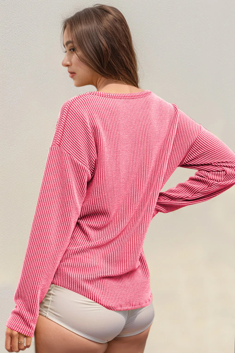 Double Take Striped Notched Long Sleeve T-Shirt - -