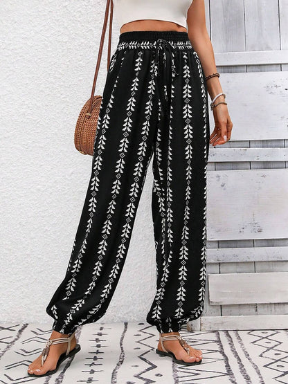 Tied Printed High Waist Pants - Black -