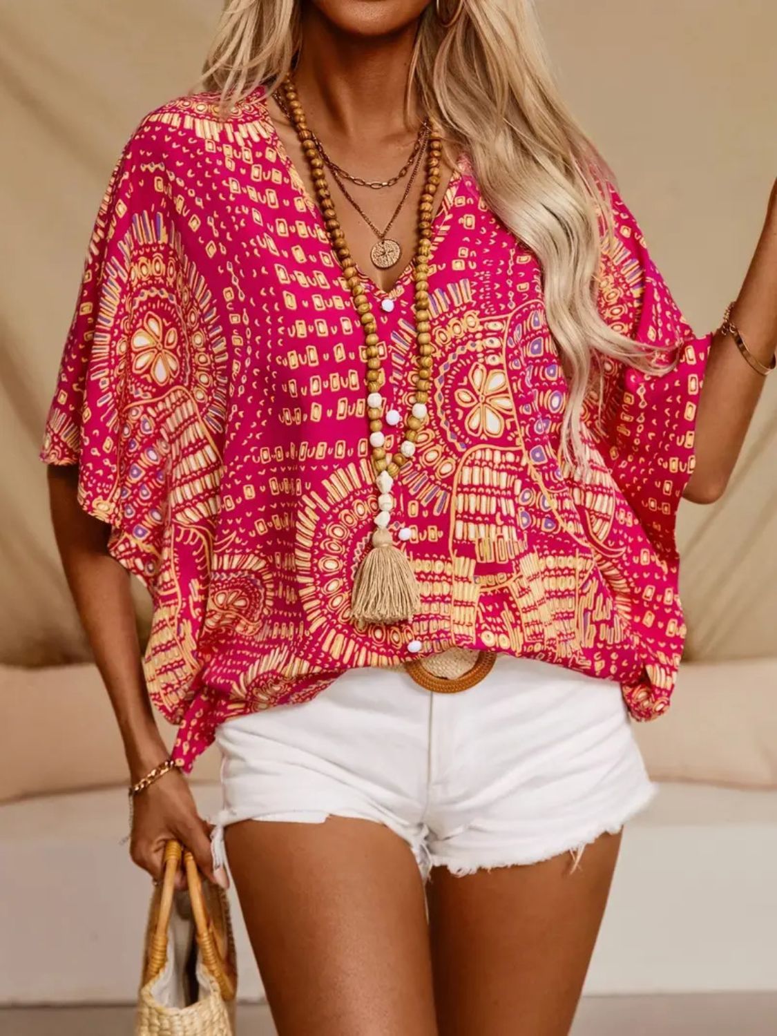 Printed V-Neck Half Sleeve Top - -