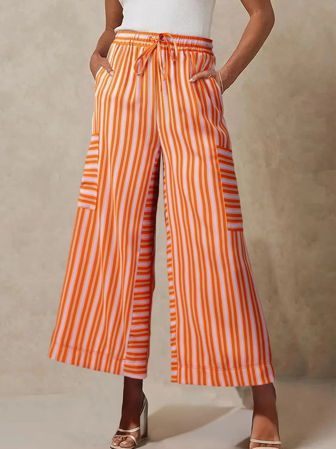 Contrast Striped Wide leg Pants - Tangerine -