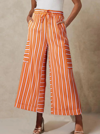 Contrast Striped Wide leg Pants - Tangerine -