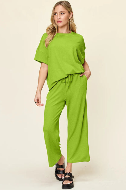Double Take Full Size Texture Round Neck Short Sleeve T-Shirt and Wide Leg Pants - Lime -