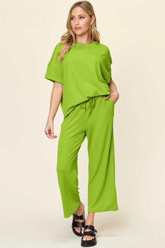 Double Take Full Size Texture Round Neck Short Sleeve T-Shirt and Wide Leg Pants - Lime -