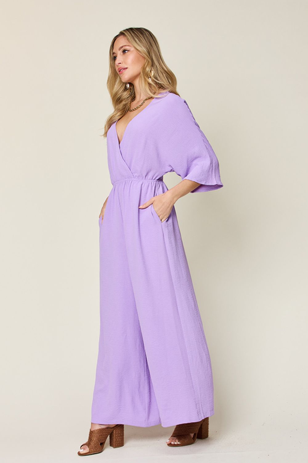 Double Take Full Size Surplice Wide Leg Jumpsuit with Pockets - -