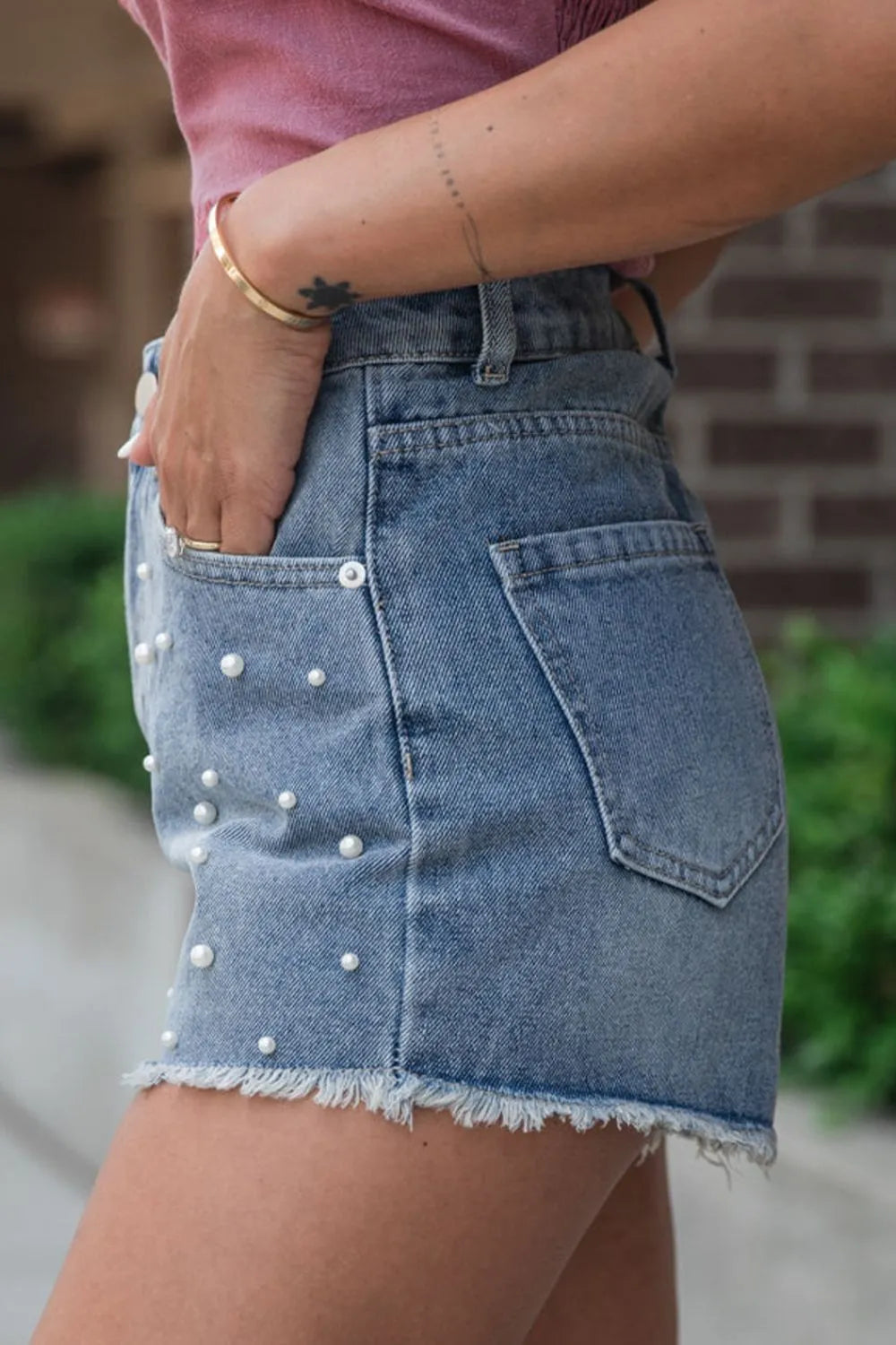 Pearl Beaded Raw Hem Wash Denim Shorts - -