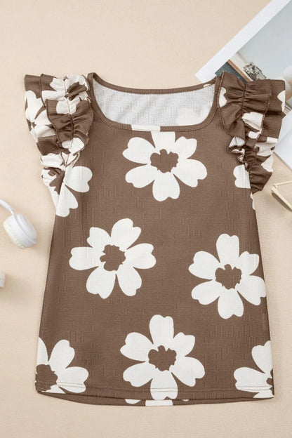 Floral Textured Ruffled Cap Sleeve Blouse - -