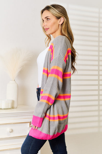 Woven Right Ribbed Long Sleeve Cardigan - -