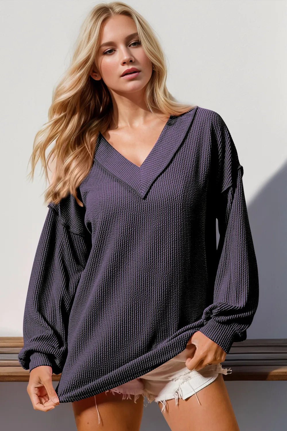 Double Take Exposed Seam Ribbed Textured V - Neck Long Sleeve T-Shirt – | Shannon’s Chique Boutique