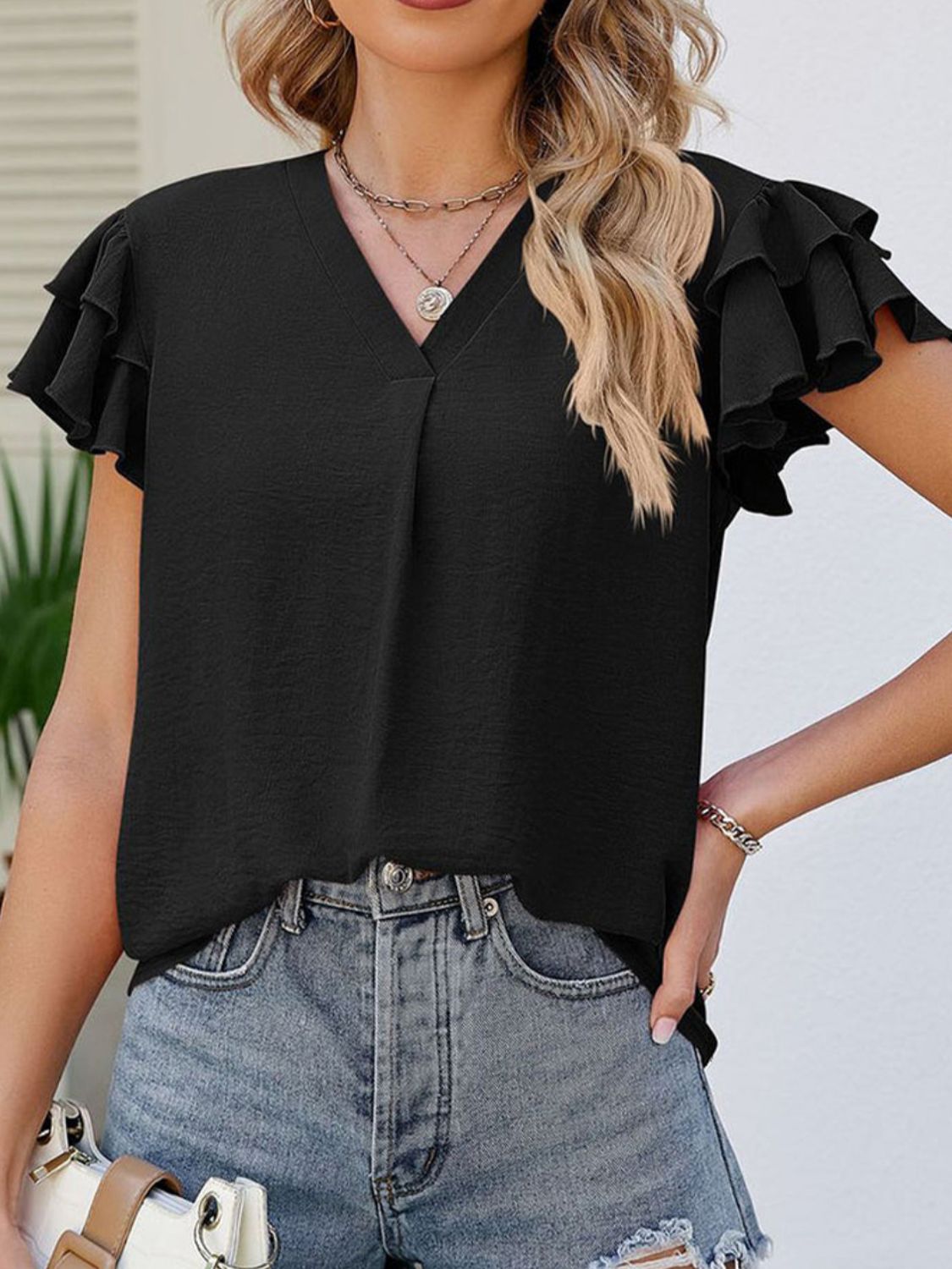 Full Size Ruffled V-Neck Cap Sleeve Blouse - -