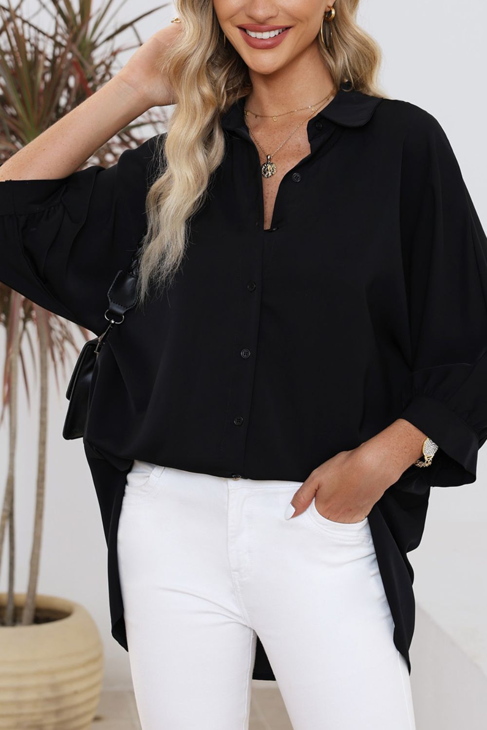 Collared Neck Three-Quarter Sleeve Shirt - Black -