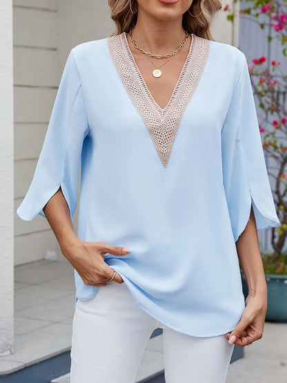 V-Neck 3/4 Sleeve Blouse - -